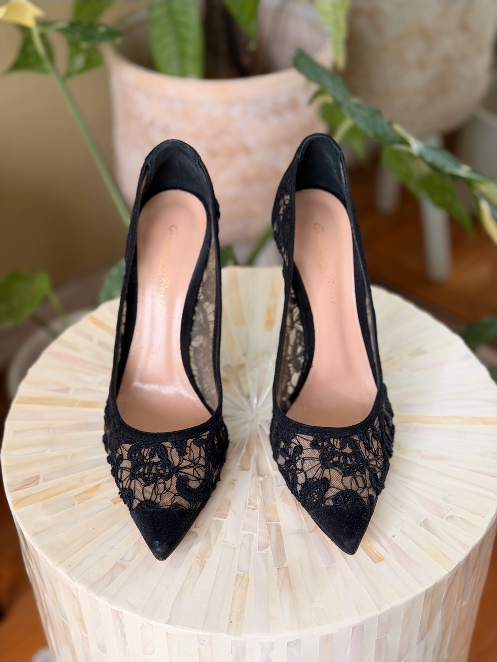 Gianvito Rossi Black Lace Pointed-Toe Pumps 38 / 8